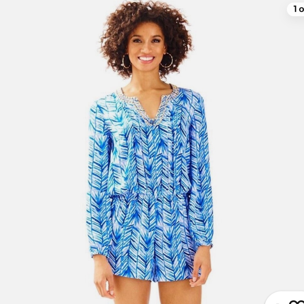 Lilly Pulitzer Blue and White Beaded Romper XXS